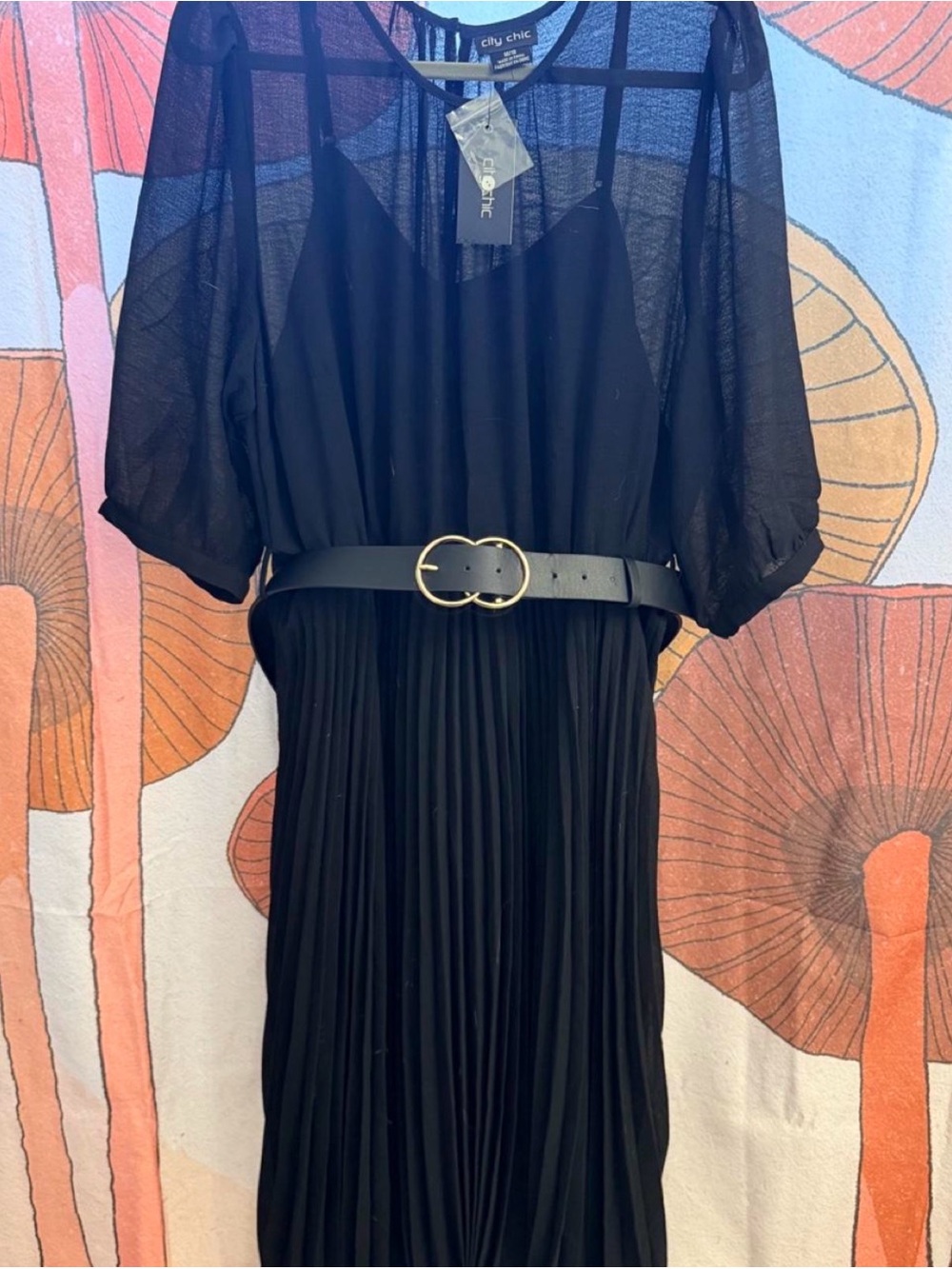 City Chic Black Sheer Pleated Midi Dress with Gold Buckle Belt
